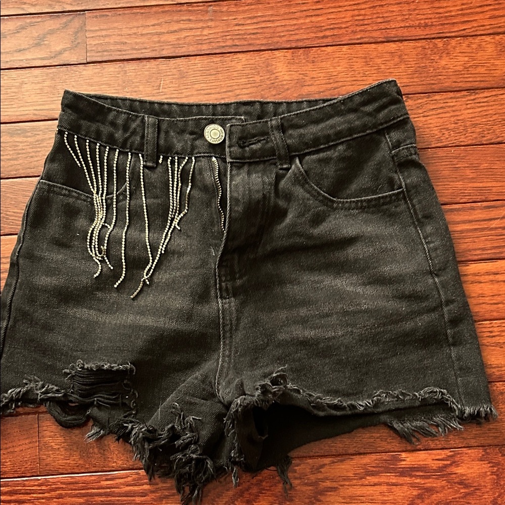 Black Frayed Denim Shorts with Chain Detail